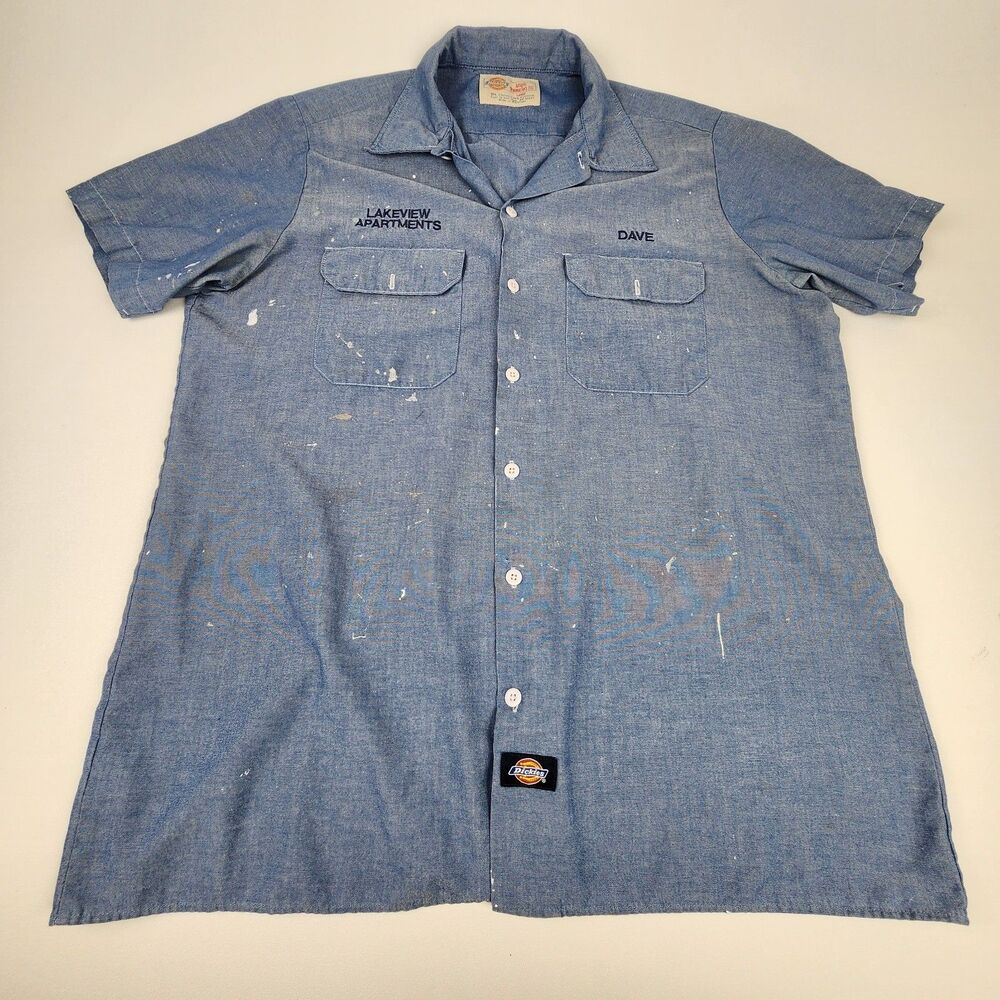 Dickies Work Shirt Blue Button Front Paint Splatter Embroidered Utility Mens XL